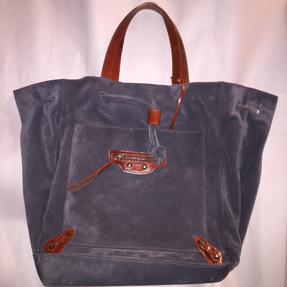 auth  BALENCIAGA pale blue suede CITY BAG satchel - Picture 1 of 8